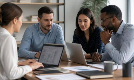 Un gruppo di lavoro coordina documenti e attività attraverso strumenti digitali.