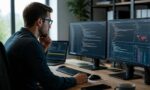 Sviluppatore esamina codice software e segnalazioni di sicurezza su due monitor