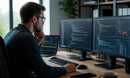 Sviluppatore esamina codice software e segnalazioni di sicurezza su due monitor
