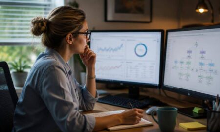 Professionista del marketing studia materiali di formazione SEO al computer