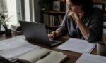 Una redattrice revisiona un documento al computer confrontandolo con appunti cartacei.