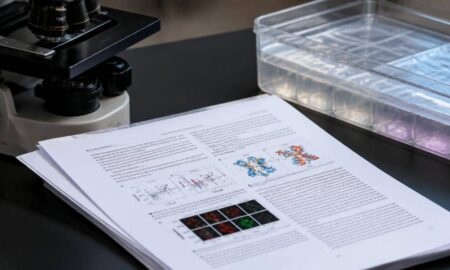 Ricercatori universitari discutono documenti scientifici e analisi al computer.