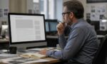 Giornalista verifica un articolo digitale con attenzione alla riservatezza dei soggetti coinvolti