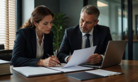 Due professionisti confrontano un contratto cartaceo con la versione digitale durante una revisione
