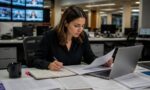 Giornalista verifica un testo digitale confrontandolo con documenti e appunti.